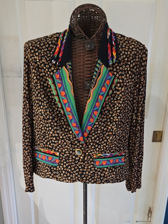 Carole Little Jackets & Blazers - Carole Little Black Leopard Print Blazer with Colorful Embroidered Trim-Size 12